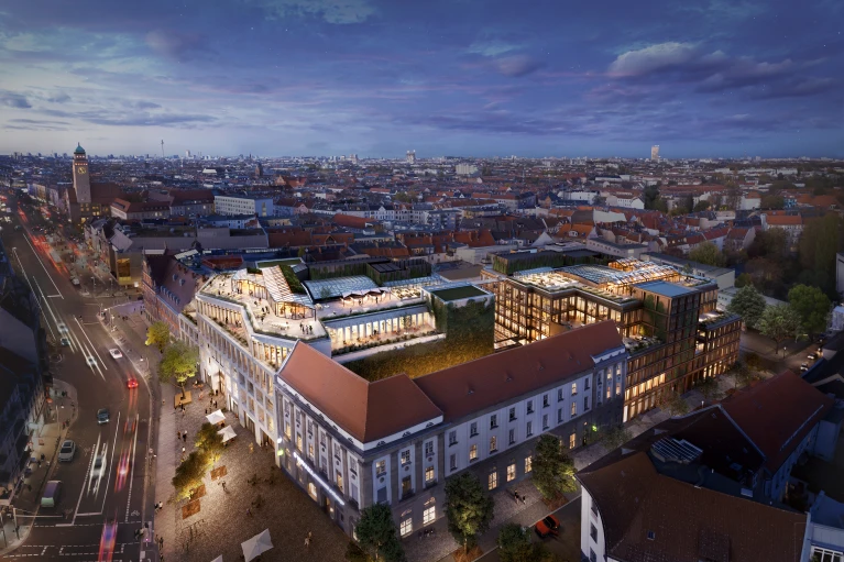 Visualisierung eines modernen Gebäudekomplexes in einer Stadt bei Nacht, mit beleuchteten Terrassen und einer Ankündigung der Eröffnung am 9. April 2025.