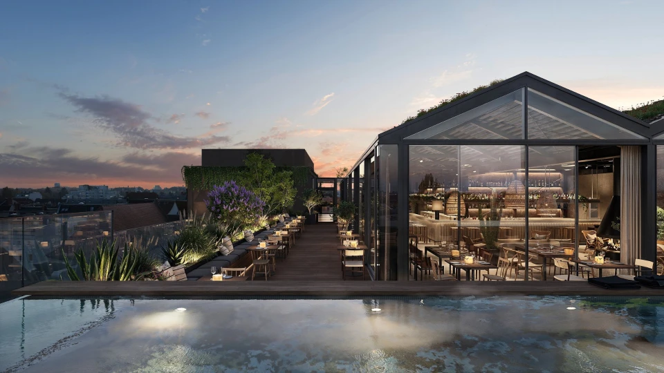 Hochwertige Dachterrasse mit stilvoller Outdoor-Bar und elegantem Restaurant, umgeben von Pflanzen und urbanem Design.