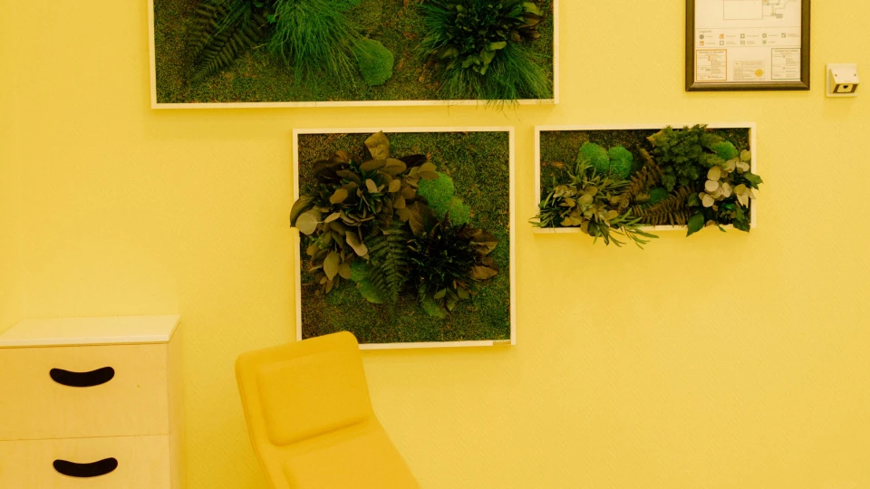 Einzigartiges Interior-Design im Smartvillage Bogenhausen: Ein kreativer Workspace mit ergonomischer Einrichtung, naturnaher Wandgestaltung und einer harmonischen Farbgebung in Gelb, die eine inspirierende Arbeitsatmosphäre fördert