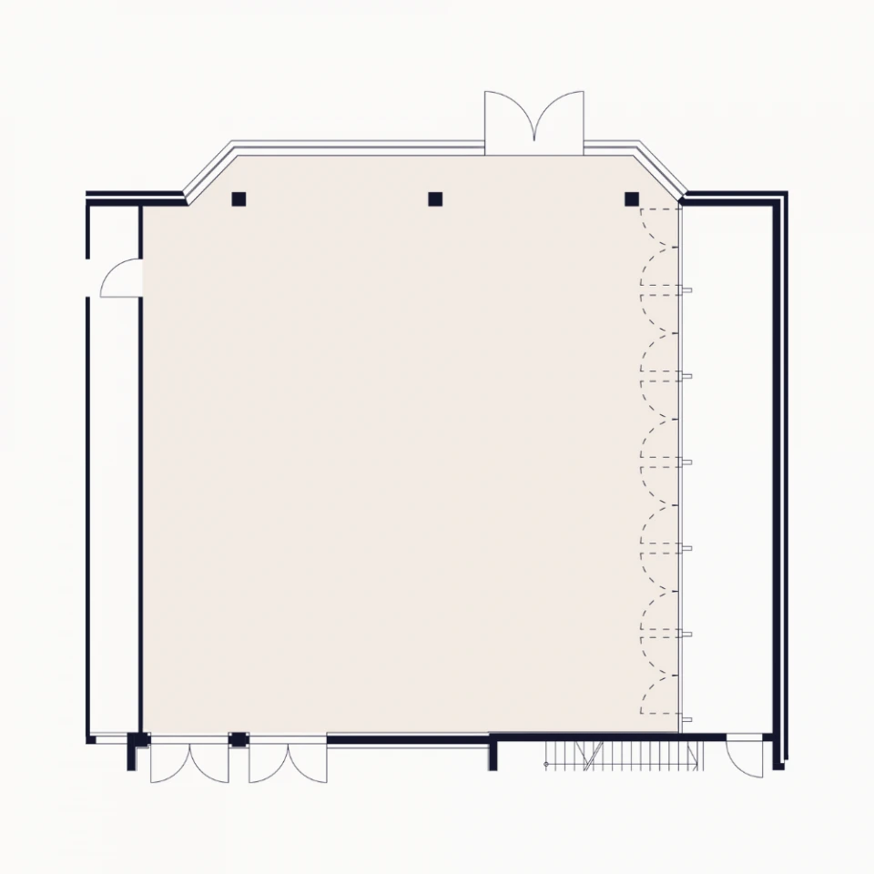 Grundriss des Raums Wien im Erdgeschoss des Smartvillage Bogenhausen mit mehreren Zugangsmöglichkeiten und Tageslichtbereich.